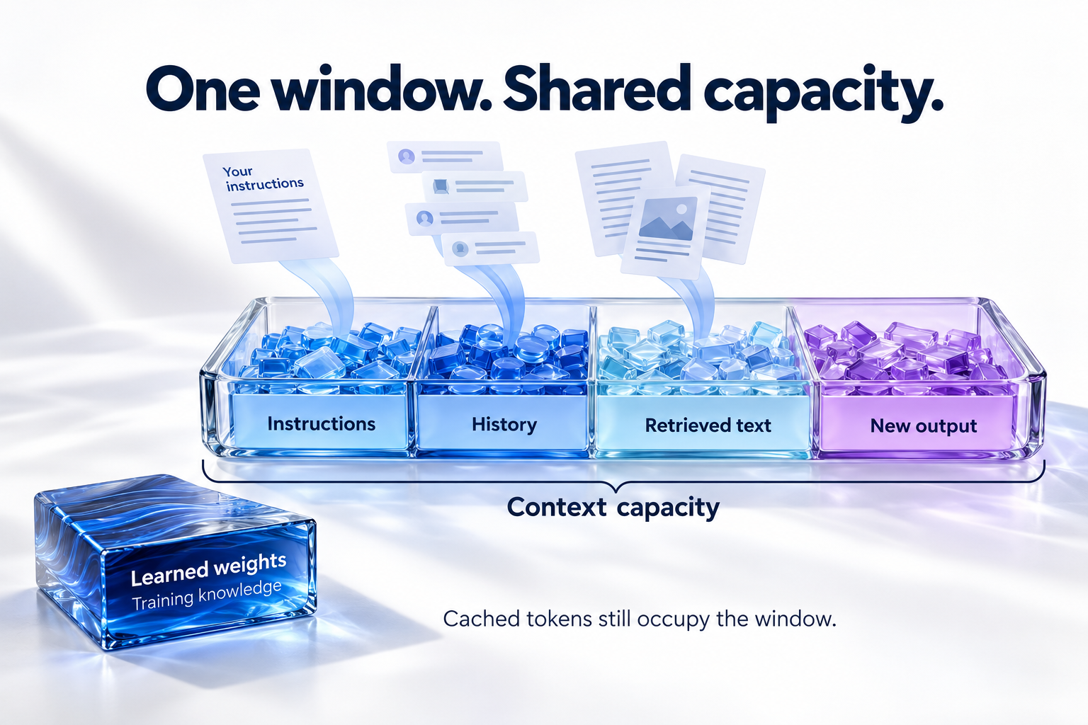 Instructions, history, retrieved text and new output share one finite context window. Learned weights are shown separately.
