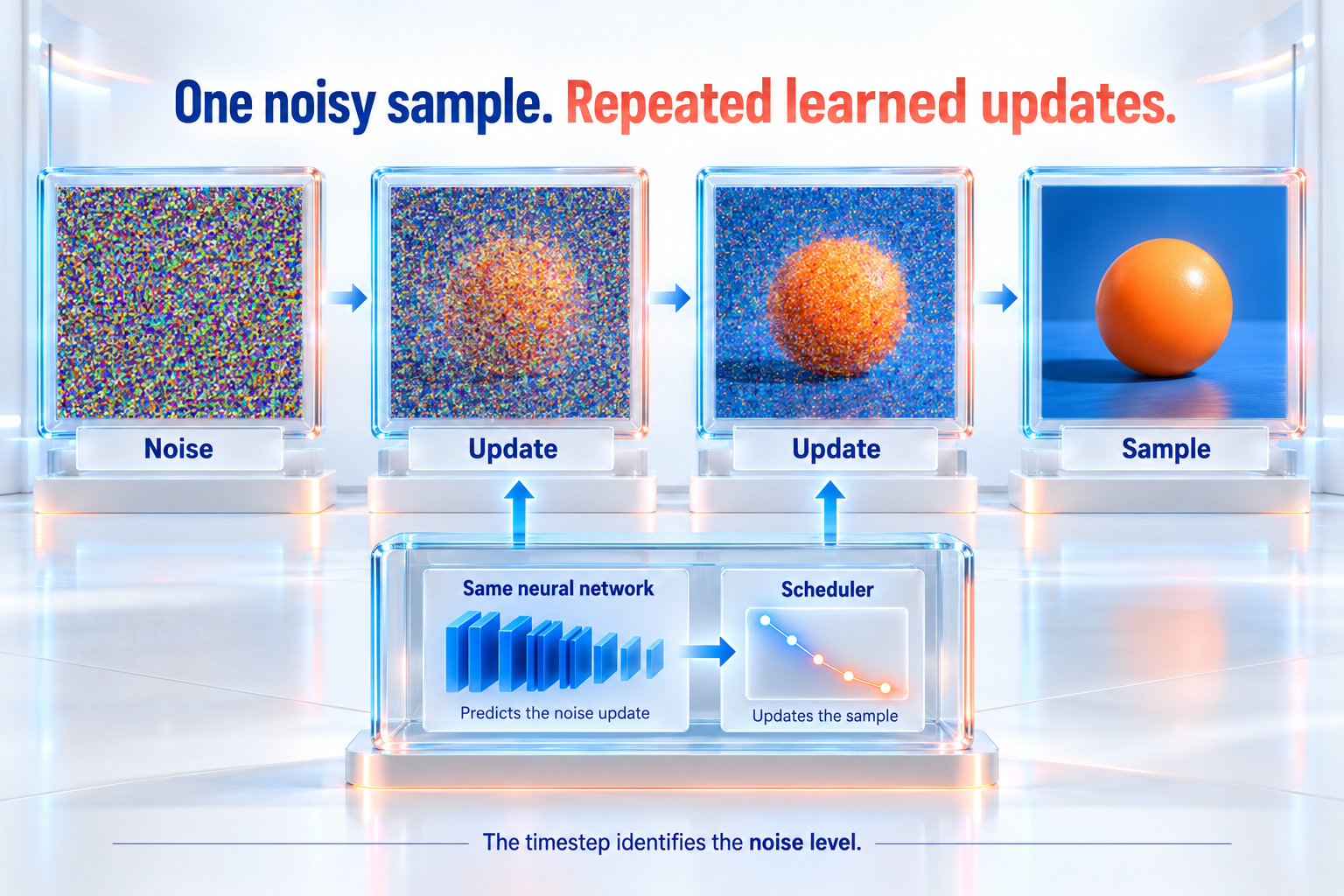 Conceptual denoising progression from random noise to an orange sphere. The same neural network and a scheduler guide repeated updates; these are illustrative stages, not measured model outputs.