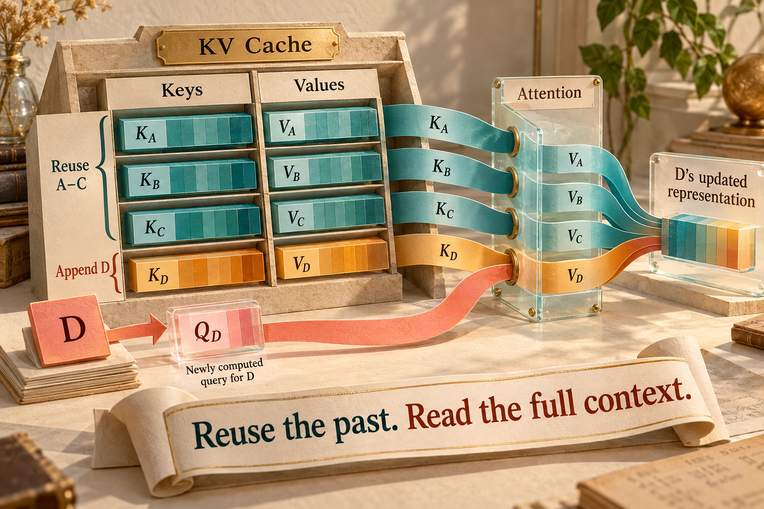 A physical archive retains the keys and values for A, B and C. D adds one amber pair; its new query reads the retained context and the values combine into its updated representation.