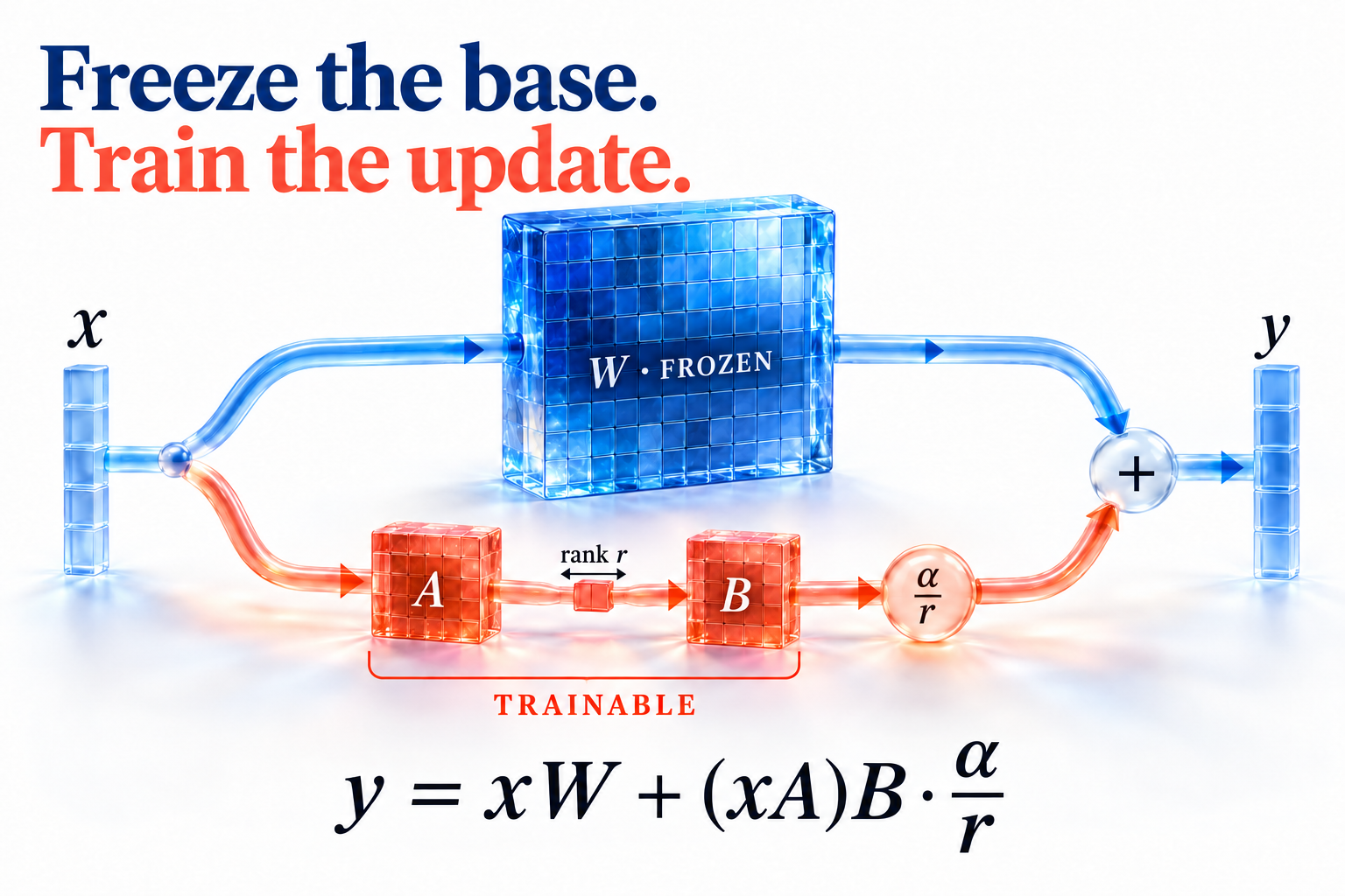 The input takes a frozen W path and a trainable A-to-B path through a rank bottleneck. The scaled update is added to the base output.