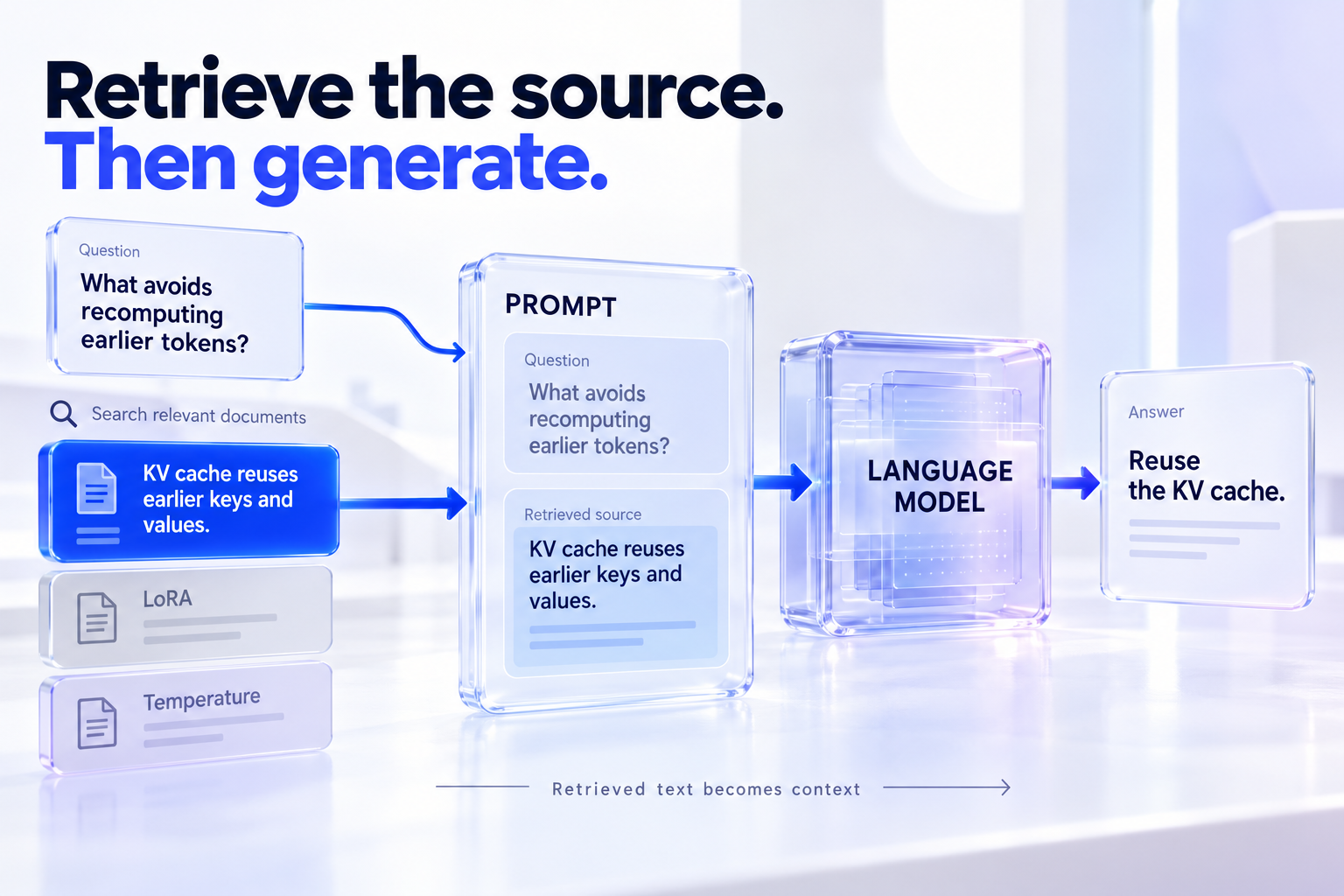 The question and a selected KV-cache source passage enter the prompt together before the language model generates an answer.
