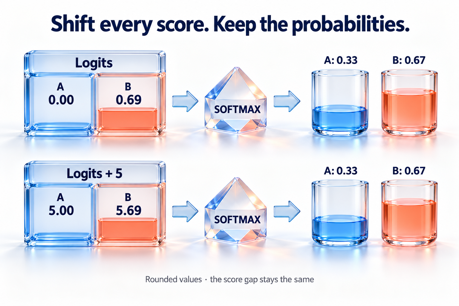 Logits 0 and 0.69, or 5 and 5.69, produce the same rounded probabilities 0.33 and 0.67. Adding a shared constant preserves softmax.